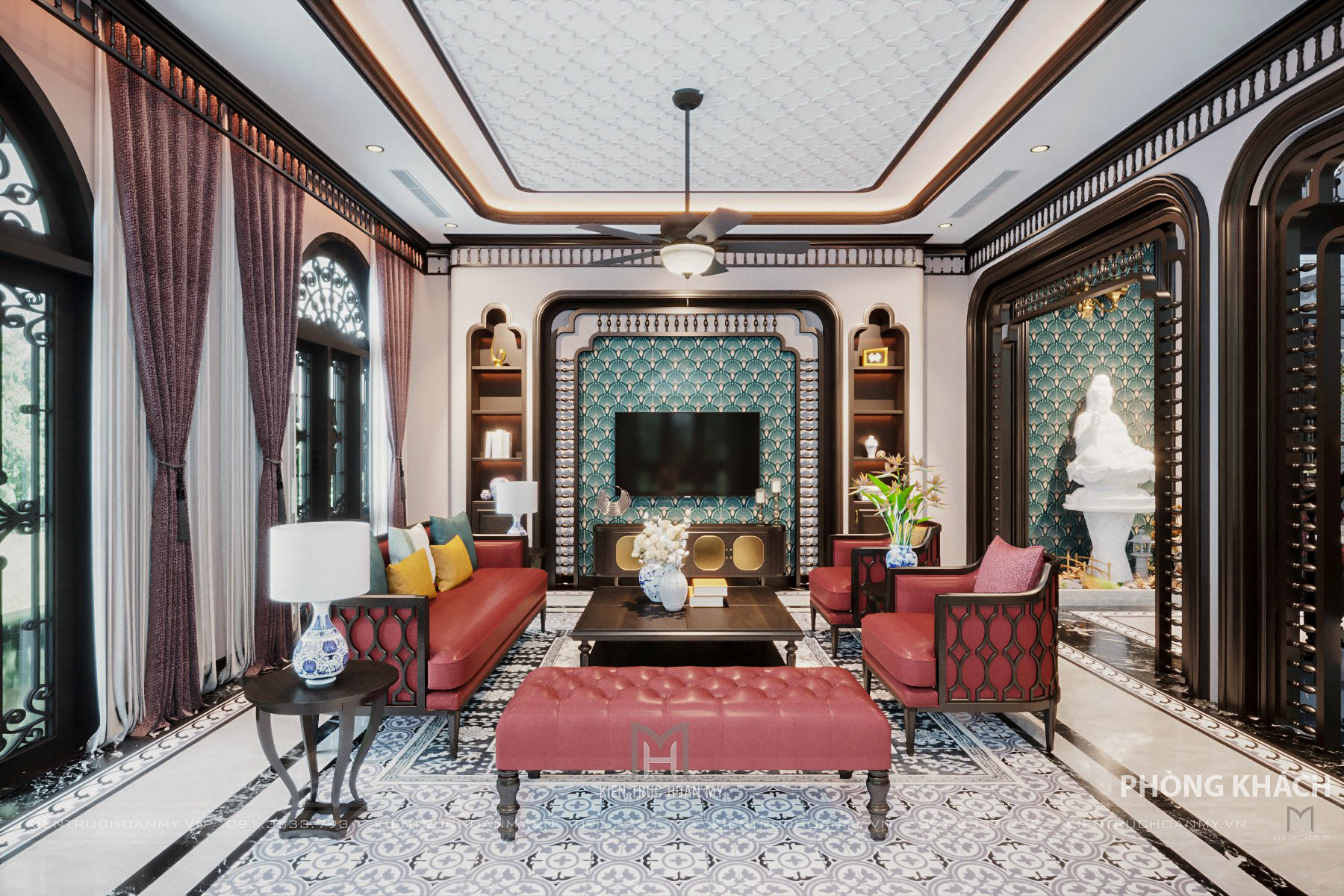 Phòng khách mang vẻ đẹp sang trọng, tinh tế của nền văn hóa Đông Dương